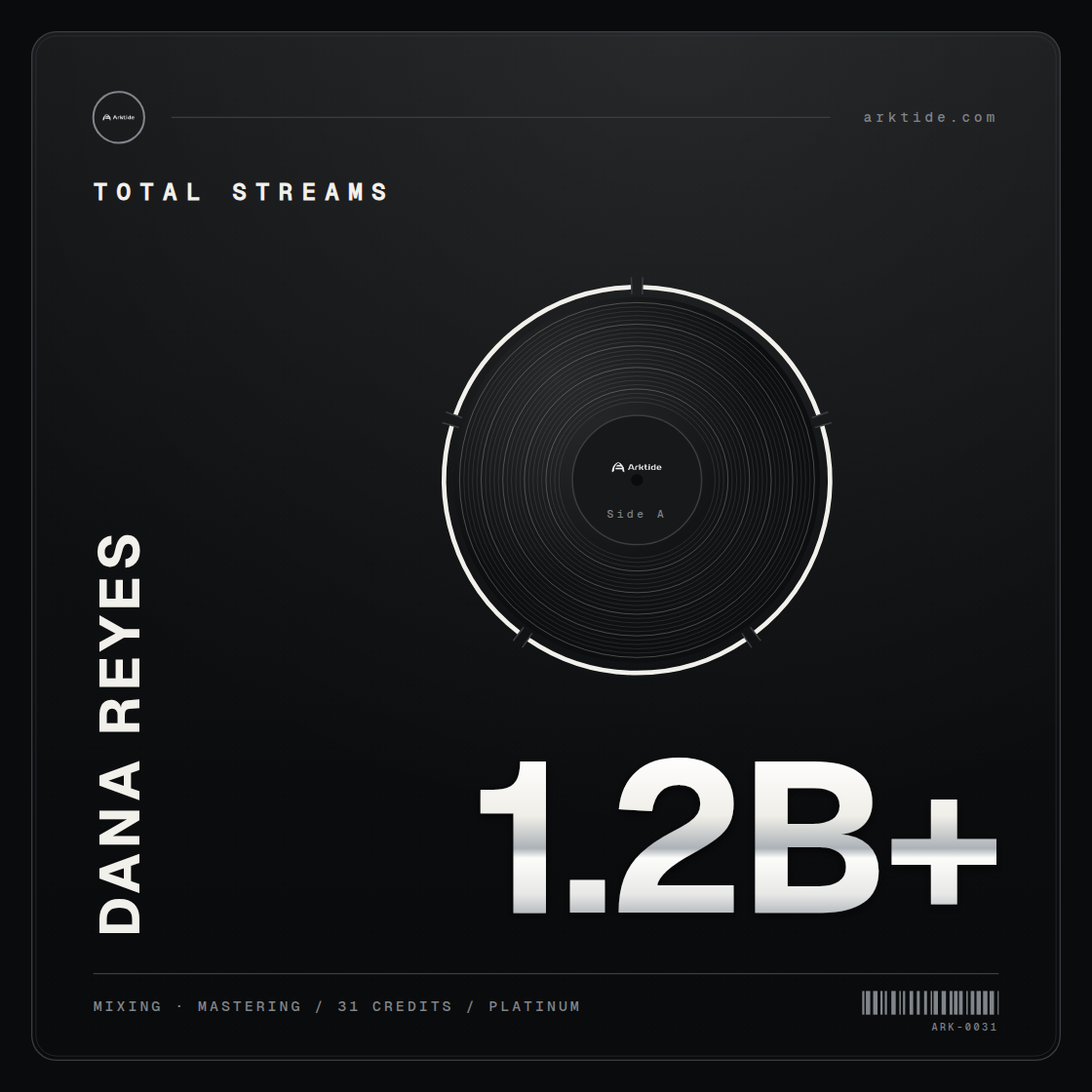 A platinum record plaque - Total streams, 1.2B+, 31 credits, serial ARK-0031