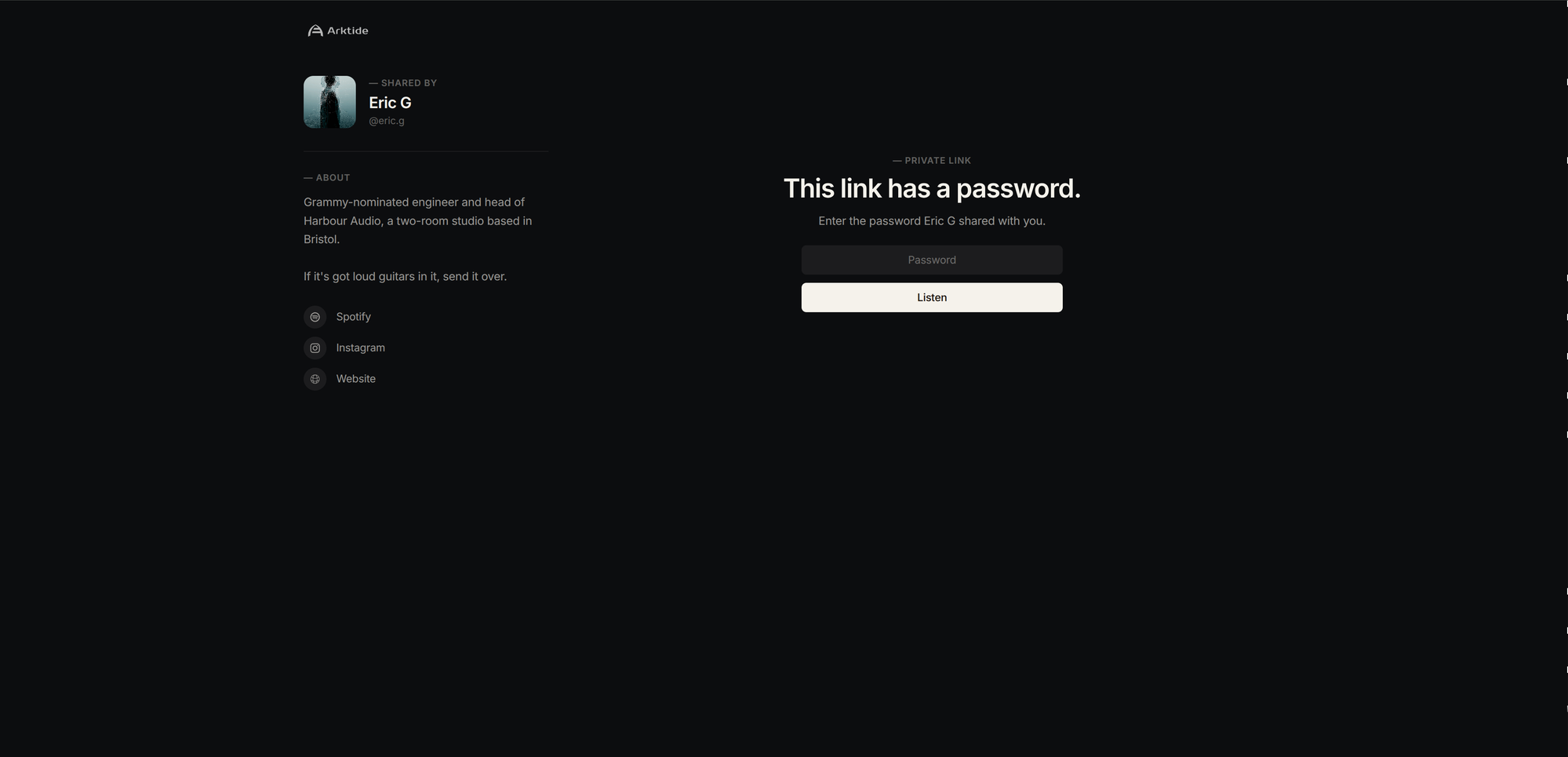 Arktide - password gate on a private share link