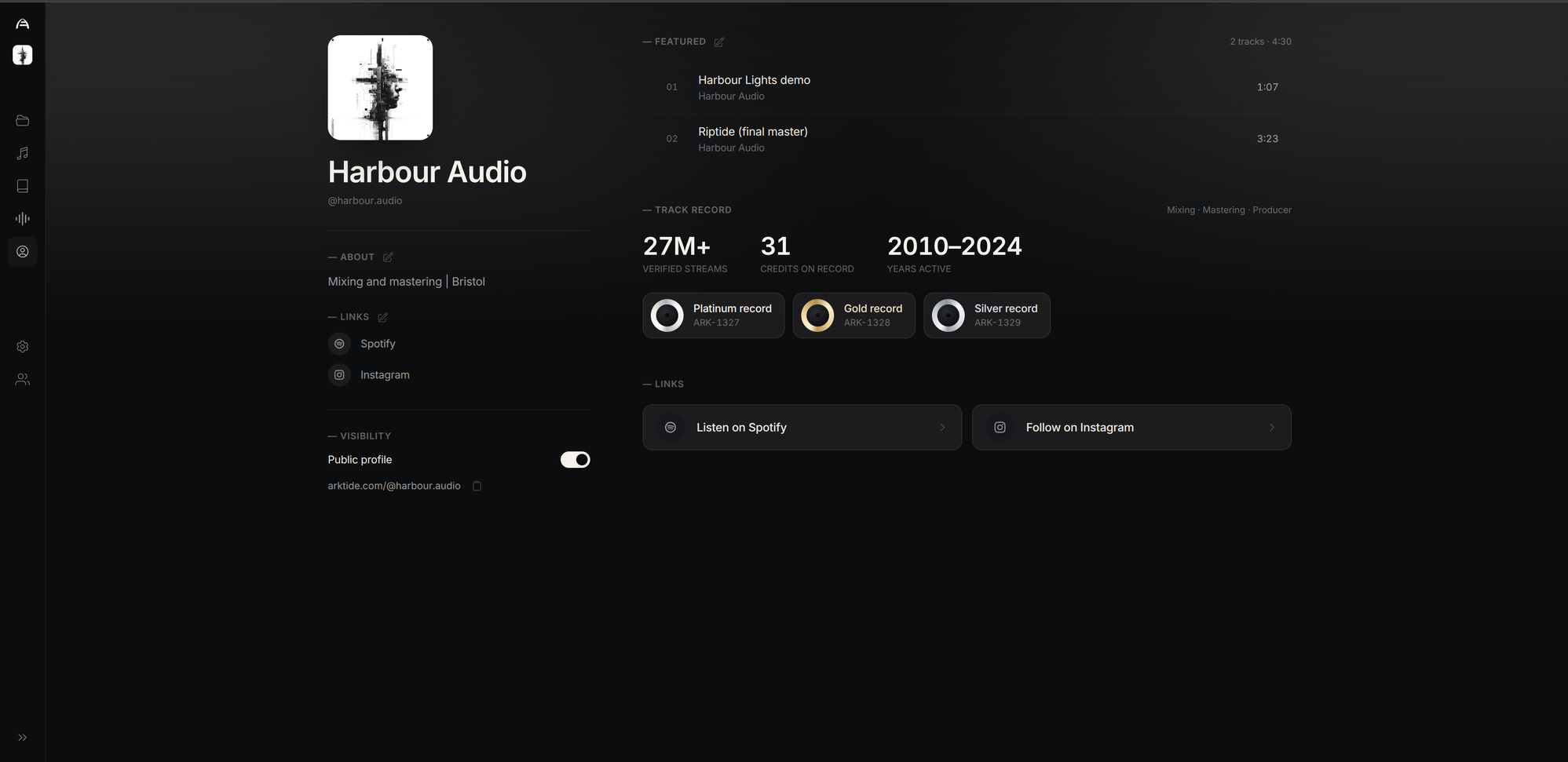 Arktide - public profile with featured tracks, verified streams, plaques, and links