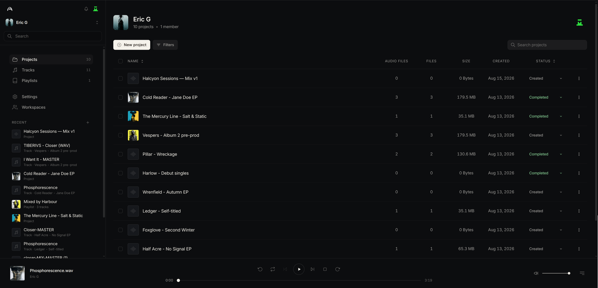 Arktide - workspace dashboard listing all projects